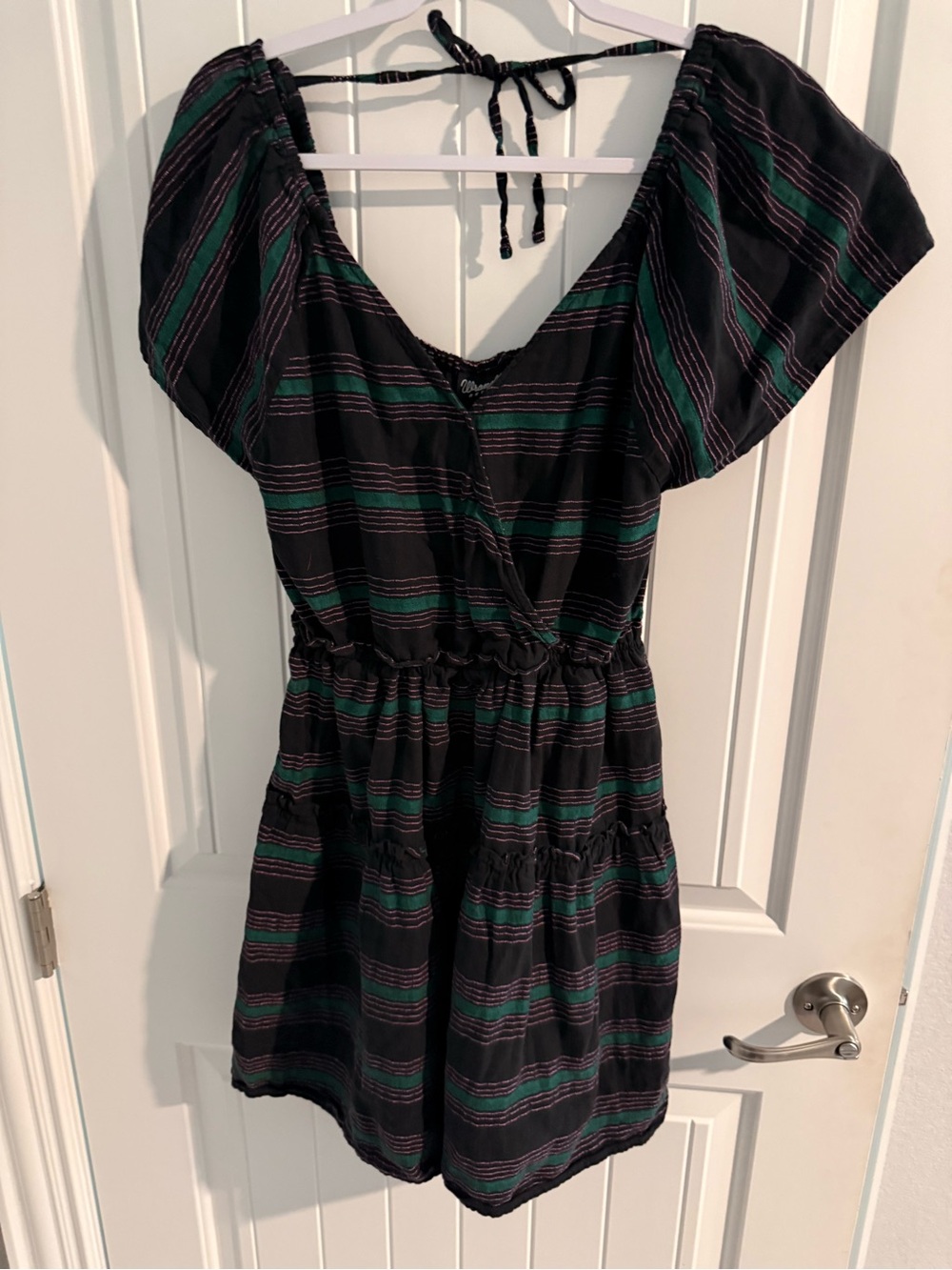 Black wrangler Retro Striped V-Neck Sundress with Green and pink Accents medium